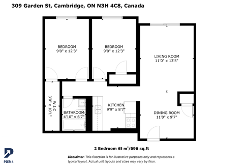 Floor plan for 2 beds, 1 bath, 696 sqft